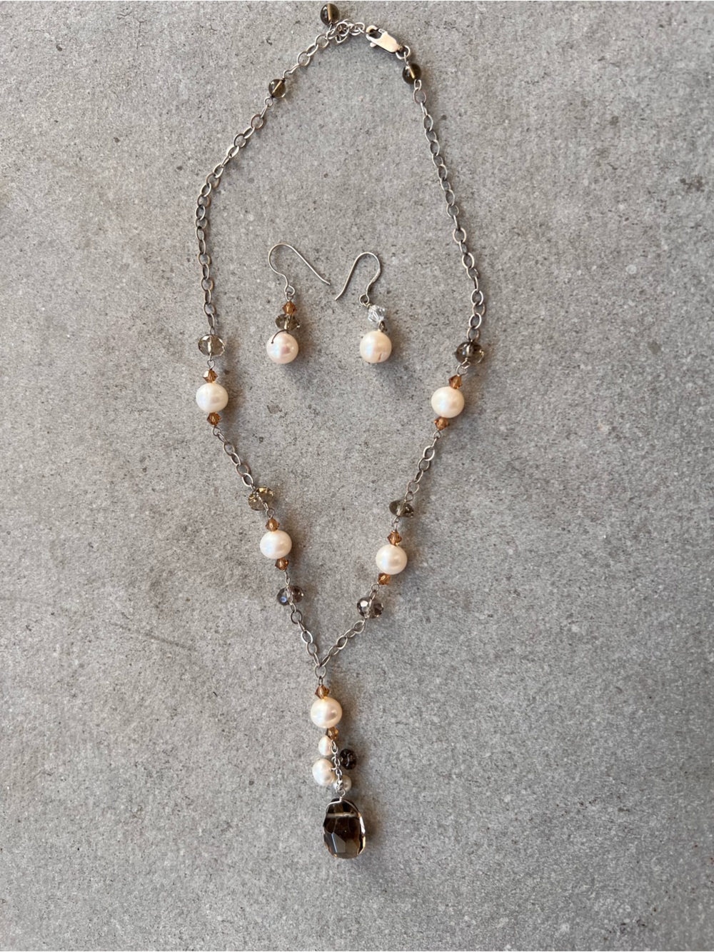 Sterling silver Pearl and Smoky Quartz Drop Necklace & Earring Set